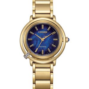 Womens Watches: Gold Plated Diamond set Ladies Citizen Eco-Drive Translucent blue dial