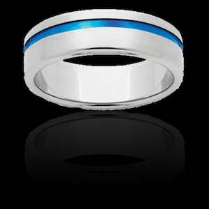 Wedding Rings: 7mm wide Titanium ring with Blue stripe offset.