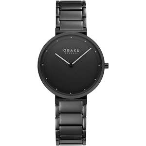 Obaku Watches: All black Obaku with white hands and Battons and a black metal bracelet.