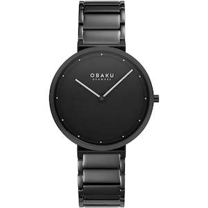 Unisex all black Obaku watch with white hands and battons.