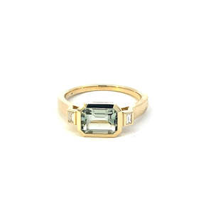 Amethyst: Emerald Cut Green Amethyst & Baguette Diamond Ring