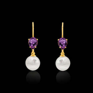 Amethyst: Natural Amethyst & Button Pearl Drop Earrings