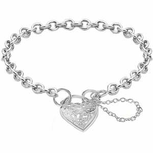 Bracelets And Bangles: Sterling Silver Belcher Bracelet with Heart Padlock 19cm