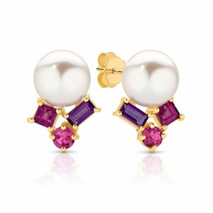 9ct Yellow Gold Studs with White Fresh Water Pearl, Amethyst, Pink Tourmaline and Rhodolite.