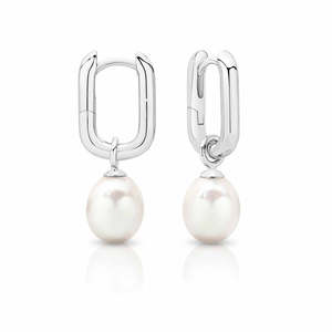 Silver Earrings: Freshwater Pearl drop on Rectangular Sterling Silver Huggie