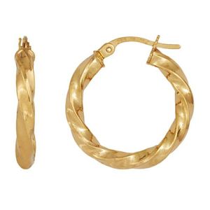 Yellow Gold Earrings: 9ct Yellow Gold 3mm x 15mm Twisted Plain Hoop Earrings