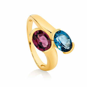 Double Oval London Blue Topaz & Rhodolite Crossover Ring