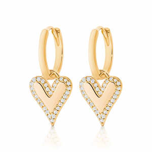 Fashion Earrings: 18ct Yellow Gold Plated Cubic Zirconia Edged Drop Hearts on Huggie