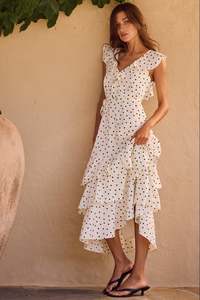 Everly Flutter Tiered Maxi Dress - Cream Polka Dot