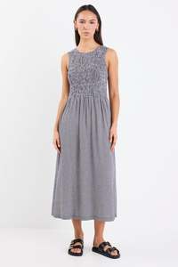 Bryar Sleeveless Shirred Bodice Midi Dress - Navy Mini Gingham