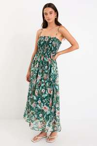 Isla Shirred Removable Strap Midi Dress - Forest Floral