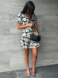 New: Adored Short Sleeve Button Front Mini Dress - Black Holiday Print