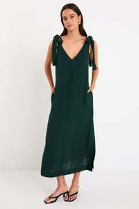 Spontaneous Tie Shoulder Relaxed Midi Dress - Forest