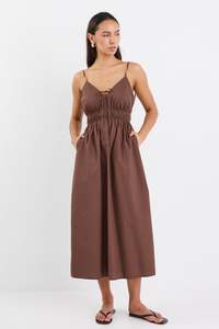 New: Cast Cotton Strappy Midi Dress - Chocolate