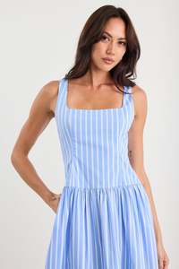 New: Gilded Sleeveless Square neck Maxi Dress - Blue Stripe