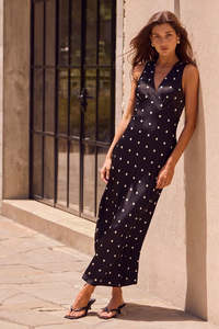 Aston Satin Bias Flared Maxi Dress - Black Polka Dot
