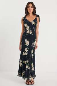 New: Serenade Slip Maxi Dress - Black / Blush Floral