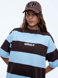 Womens Tee Shirts: Pelly Sport Stripe Tee - Cloud Blue/Cocoa Stripe