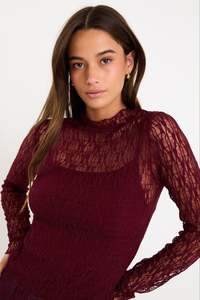 Womens Tee Shirts: Giving Lace Long Sleeve Top - Burgundy