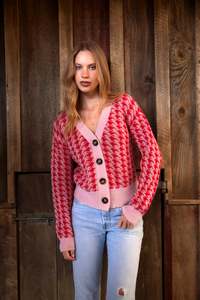 Houndstooth Cardi - Pink/Red