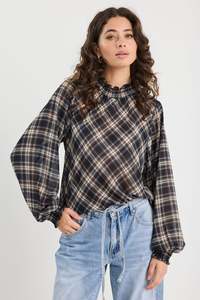 Flo Frankie: Embrace Chiffon Shirred Neck LS Top - Black Check