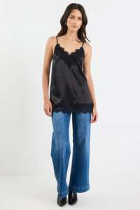 Noir Satin Lace Trim Cami - Black