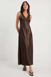 Castle Satin Lace Trim Maxi Dress - Chocolate