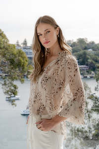 Flo Frankie: Odyssey Georgette Shirred Neck LS Top - Beige Leopard