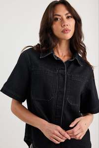 Crucial Short Sleeve Shacket - Black Denim