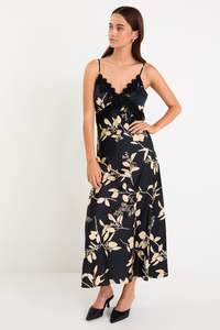 Flo Frankie: Region Satin Lace Trim Maxi Dress - Black Beige Floral