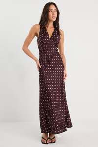 Flo Frankie: Eastern Satin Bias Flared Maxi Dress - Burgundy Ditsy Polka Dot