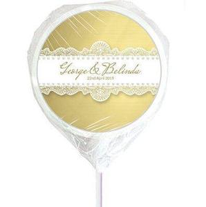 Products: Gold lace and pearl personalised wedding lollipops - Designer Personalised Lollipops NZ