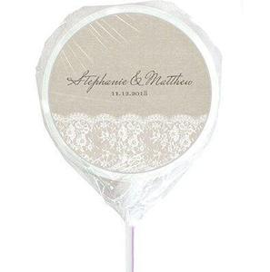 Products: Canvas and lace personalised wedding lollipops - Designer Personalised Lollipops NZ