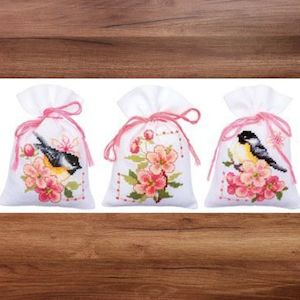 Embroidery Kits: Vervaco Sachet Bags Counted Cross Stitch: Birds & Blossoms