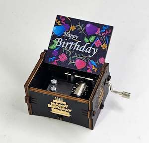 Music Box: Happy Birthday Music Box Hand Crank Carved Wooden Musical Box
