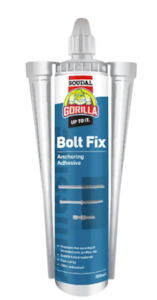 Adhesive: Soudal Gorilla Bolt Fix Anchoring Adhesive 300ml & Nozzle 3pk Hangsell Priced per unit Minimum order Quantity 6 Units