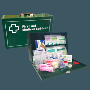 Workplace First Aid Kits: Wall Mounted Metal First Aid Cabinet (26-50 Person Green Landscape Heavy Duty)