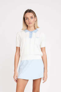 Womens L S Shirts 1: Huffer Line Knit Polo Chalk/Ice Blue