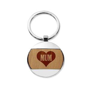 Engraved Wood Metal Keyrings: Heart Round Metal Keyring