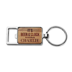 Engraved Wood Metal Keyrings: Beer O'Clock Rectangle Metal Keyring