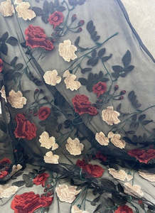 Fabric Cotton Linen Silk Wool: ANNABELLA SILK & COTTON EMBROIDERED ROSES ON A BLACK NYLON BASE (3m)