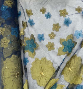 Fabric Cotton Linen Silk Wool: FRENCH ALL OVER LASER CUT FLORAL APPLIQUE ON A BLUE TULLE BASE