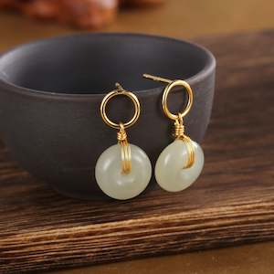 Earrings: Yellow Gold Plated Sterling Silver Hetian Jade Earrings