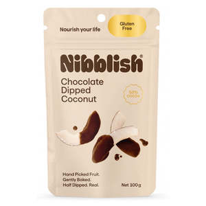 Snacks: Nibblish, Chocolate Dipped Coconut, 100g