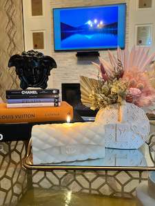 Products: Candle & Designer bag vase with dried florals combo