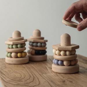 Natural Silicon Bead and Wooden Rings Educational Stacking Toy