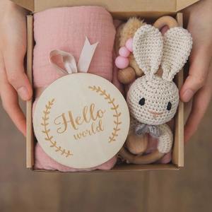 Eco Friendly Crochet and Wooden Rattle Infant Gift Box