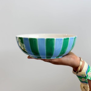 Dining: Ceramic Salad Bowl | Green & Cornflower Blue Stripe