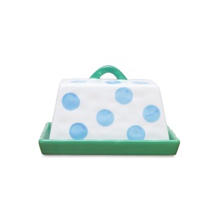 Dining: Large Ceramic Butter Dish | Blue Dots with Green Handle & Tray