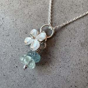 Hydrangea Flower Necklace with Aquamarine Beads – Sterling Silver